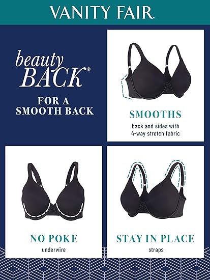 Vanity Fair Women's Full Figure Beauty Back Smoothing Bra, 4 Way Stretch Fabric, Lightly Lined Cups Up to H